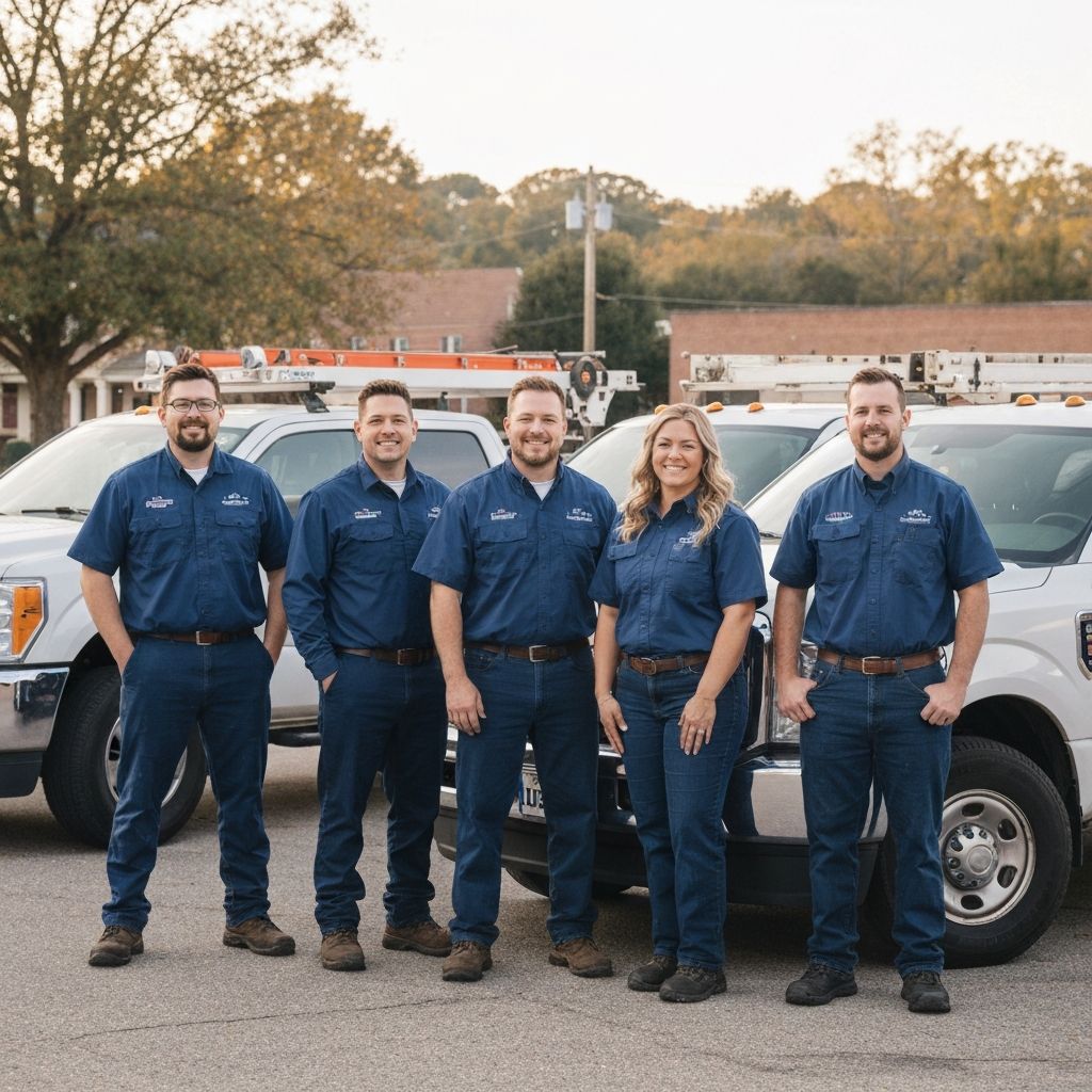 Liberty Loo Rentals team standing in front of service trucks in Talladega, Alabama